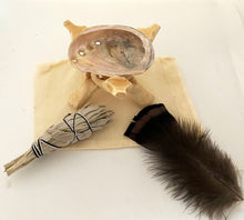 Load image into Gallery viewer, Travel Smudge Kit | White Sage, Shell, Stand, Feather | Drawstring Travel Bag | cleansing | Wicca