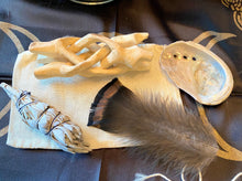 Load image into Gallery viewer, Travel Smudge Kit | White Sage, Shell, Stand, Feather | Drawstring Travel Bag | cleansing | Wicca