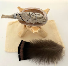 Load image into Gallery viewer, Travel Smudge Kit | White Sage, Shell, Stand, Feather | Drawstring Travel Bag | cleansing | Wicca