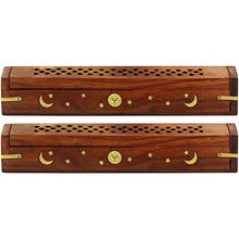 Load image into Gallery viewer, Hand Carved Wood Incense Burner Ash Box with Brass Inlay | Incense Storage

