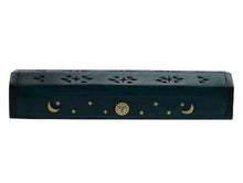 Load image into Gallery viewer, Hand Carved Wood Incense Burner Ash Box with Brass Inlay | Incense Storage
