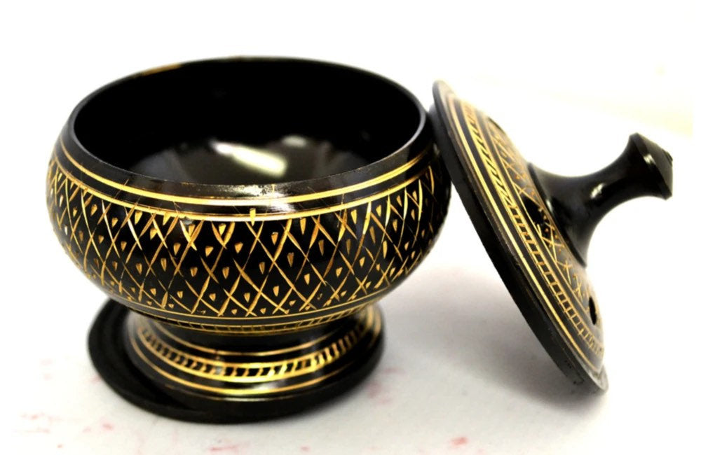 Carved Brass Black Censer | Resin Incense Burner with Lid and Coaster