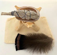 Load image into Gallery viewer, Travel Smudge Kit | White Sage, Shell, Stand, Feather | Drawstring Travel Bag | cleansing | Wicca

