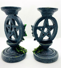 Load image into Gallery viewer, Celtic Candlestick Holders Set with Pentacle and hand painted vine
