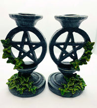 Load image into Gallery viewer, Celtic Candlestick Holders Set with Pentacle and hand painted vine
