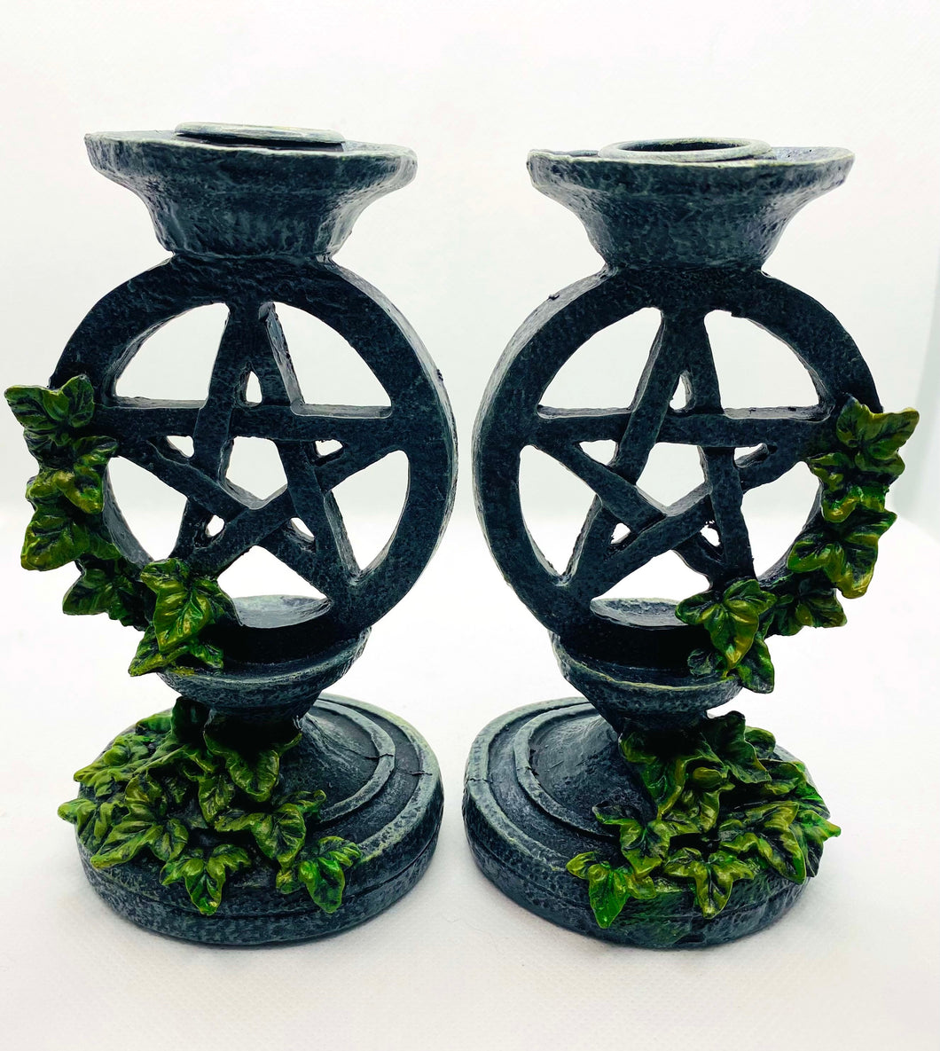 Celtic Candlestick Holders Set with Pentacle and hand painted vine